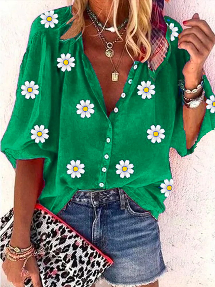 Casual Daisy Loose V neck Three Quarter Sleeve Blouse WG64