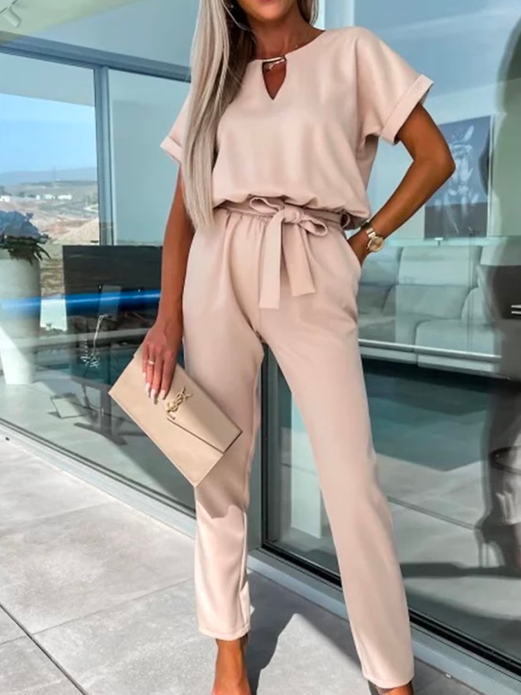 Plain Crew Neck Elegant Loose Jumpsuit WX68