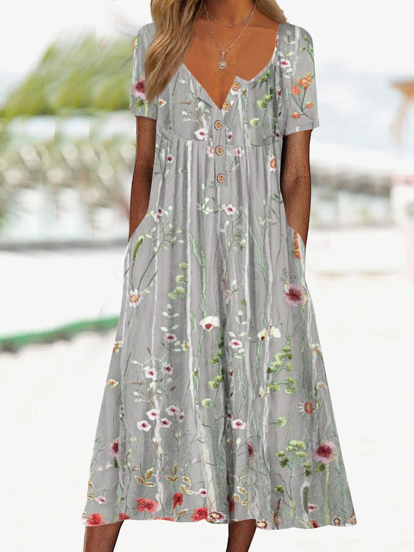 Gradient Flower Loose Long Dress Half Open Button Pocket Dress AH314