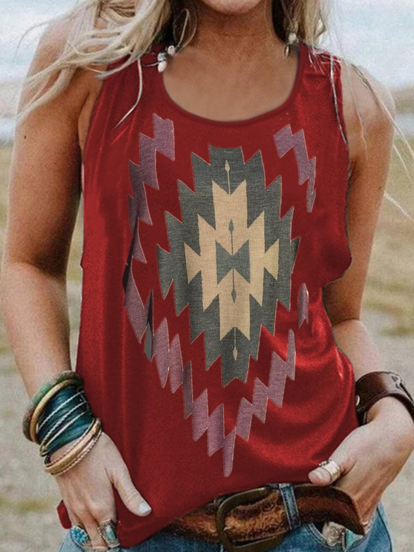 Vintage Sleeveless Boho Geometric Printed Crew Neck Plus Size Casual Vest Tops AT100166