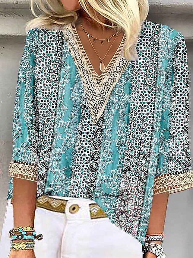 Chemise décontractée en coton à col en V et blocs de couleurs QH74