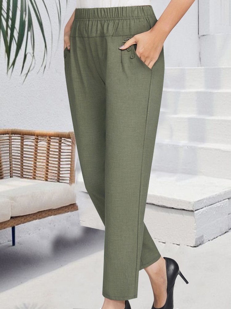 Elastic waist pocket button loose pants WD109