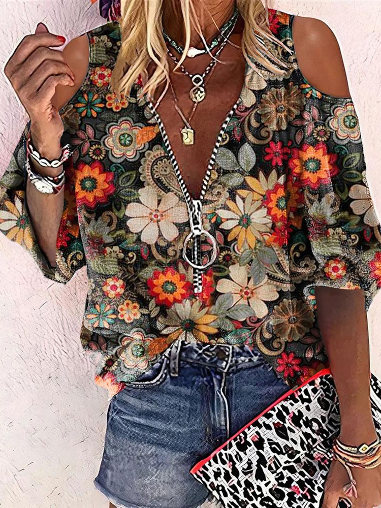 V neck Casual Zipper Floral Shirt  QV116