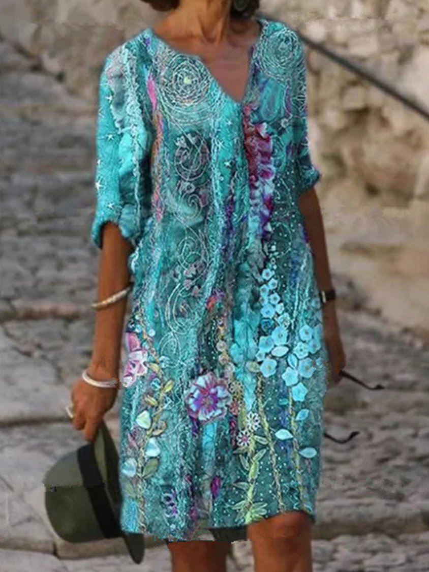 Vintage Geometric Floral Printed V Neck Casual Dress EE19