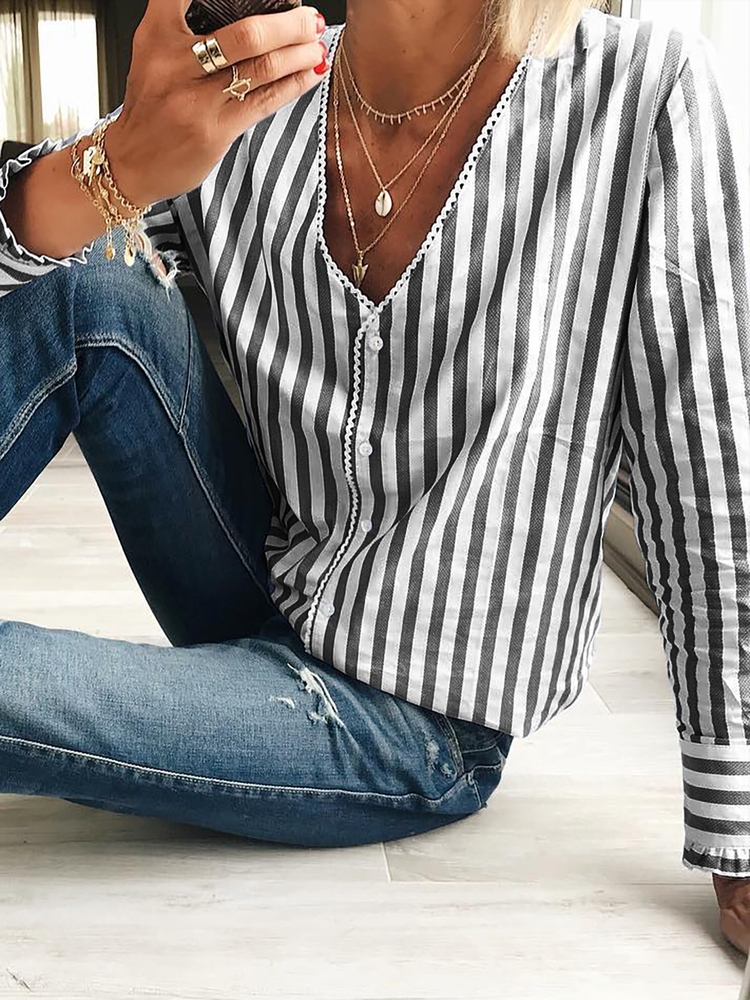 Striped V Neck Loose Casual Blouse QR116