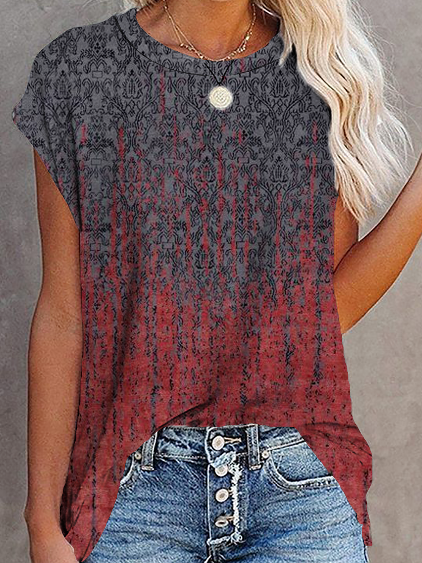 Women's Paisley Short Sleeve Printed Cotton-blend Crew Neck Vintage Summer Red Top AT100113