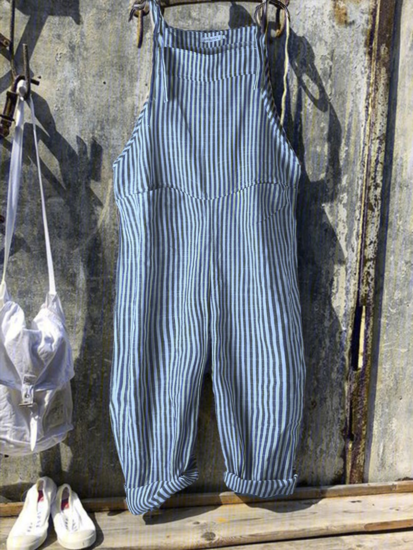 Vintage Black Gray Linen Stripes Pants Linen & Cotton Romper Jumpsuits AH016