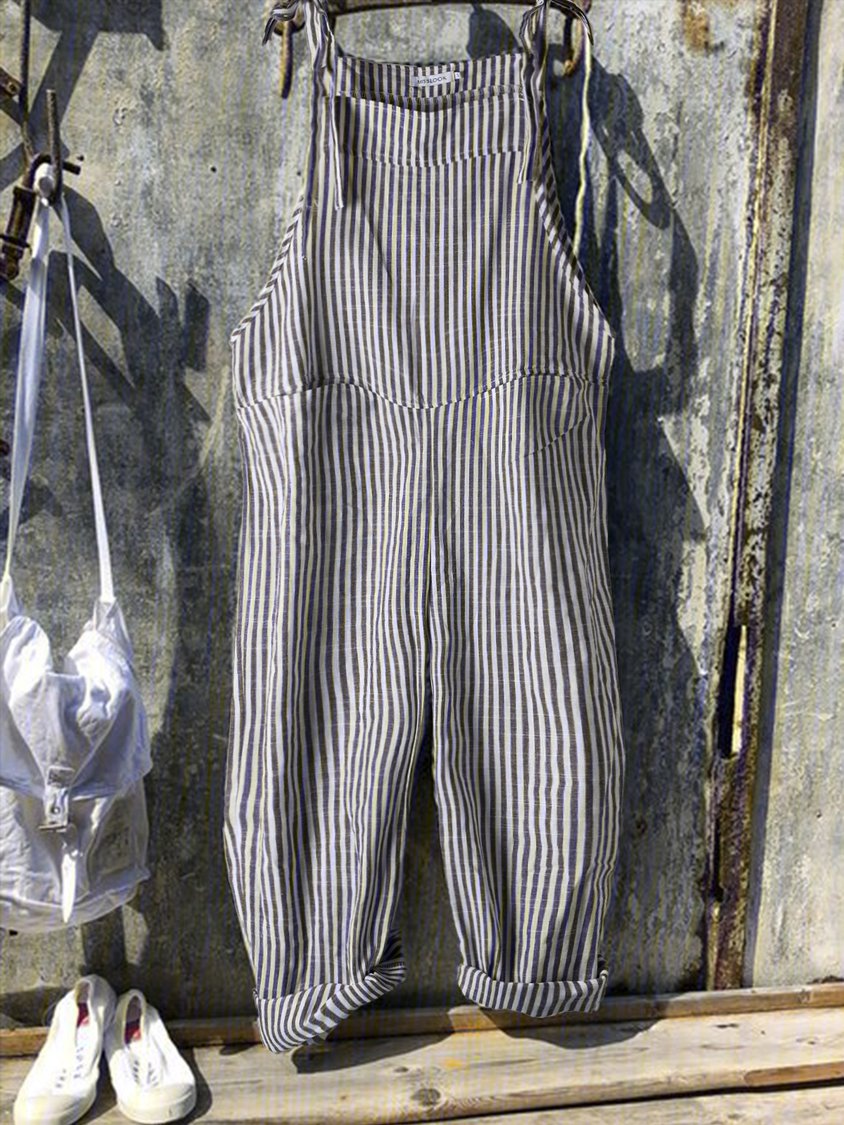 Vintage Black Gray Linen Stripes Pants Linen & Cotton Romper Jumpsuits AH016
