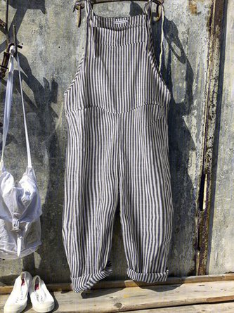 Vintage Black Gray Linen Stripes Pants Linen & Cotton Romper Jumpsuits AH016