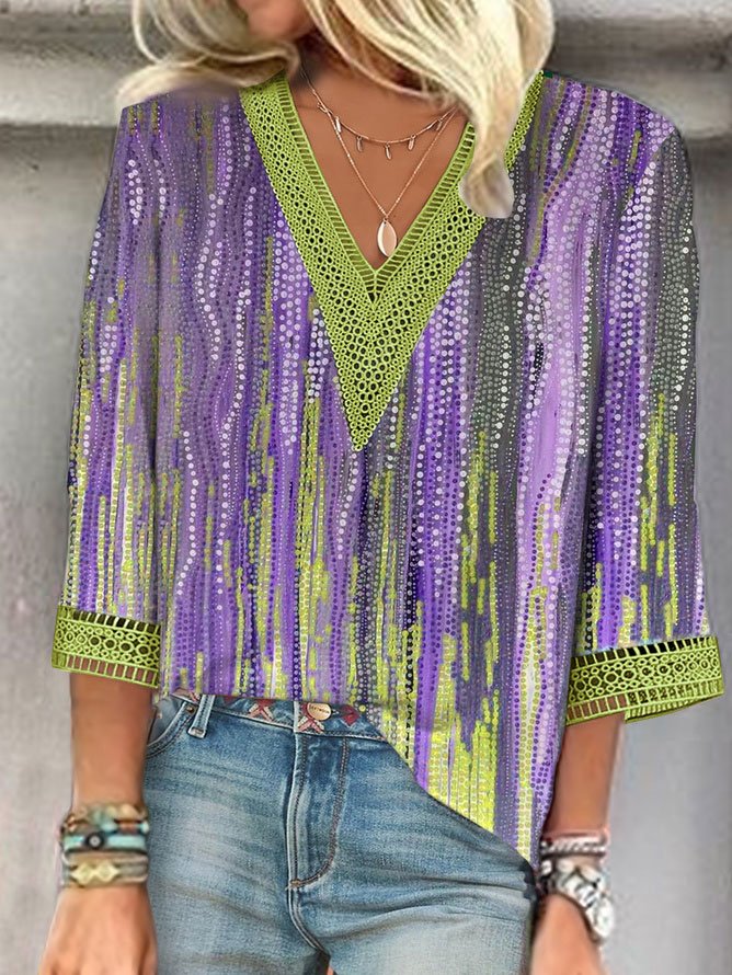V Neck Ombre Casual Lace Shirt mm265