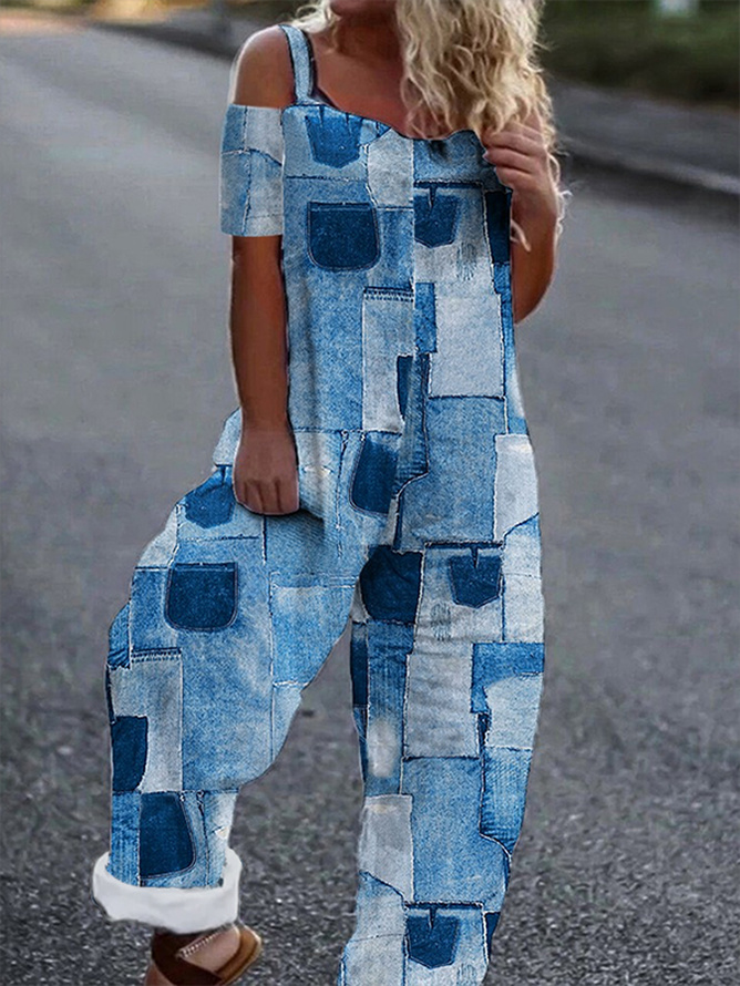 Damen Geometrisch Lässig Sommer Natur Locker Bestseller Kurzarm H-Linie Normalgröße Jumpsuit & Romper QAJ17