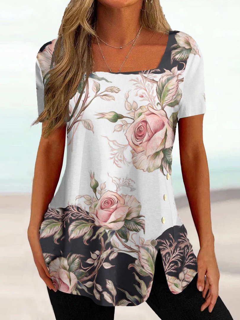 Lässiges T-Shirt mit Blumenmuster und quadratischem Ausschnitt, Regular Fit AD695