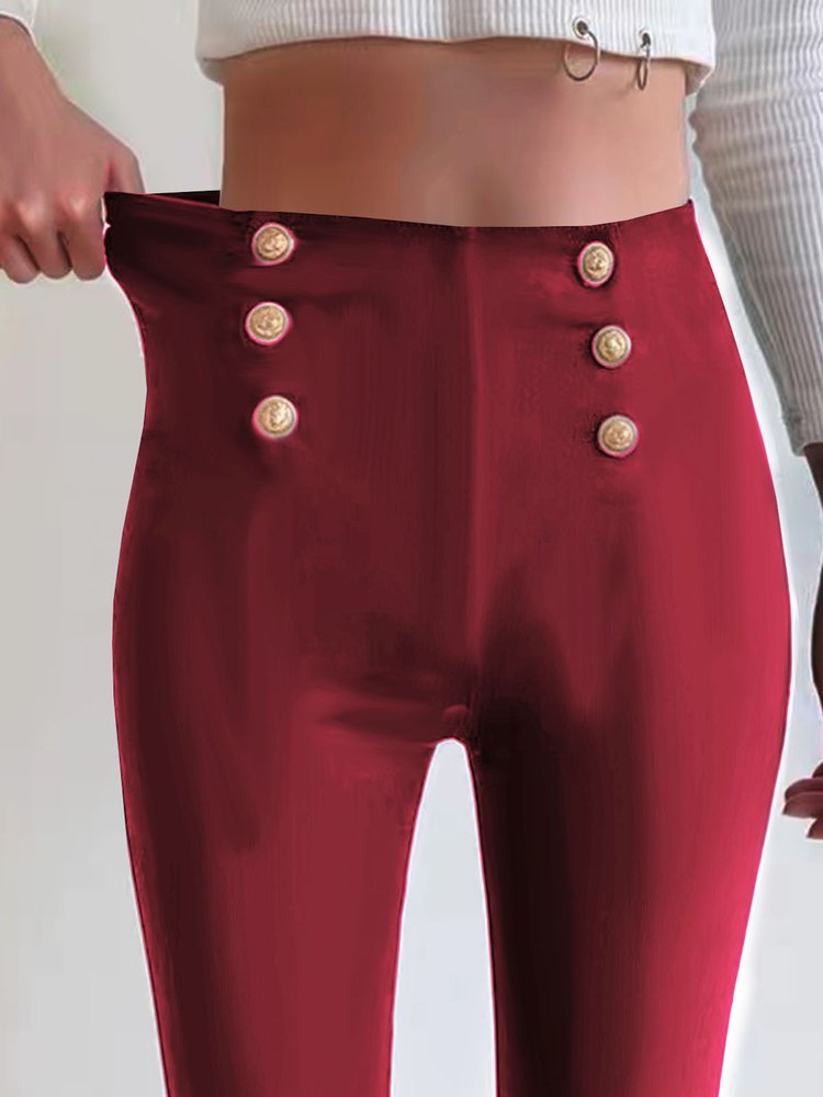 Casual Patchwork Button Tight Plain Leggings WX93