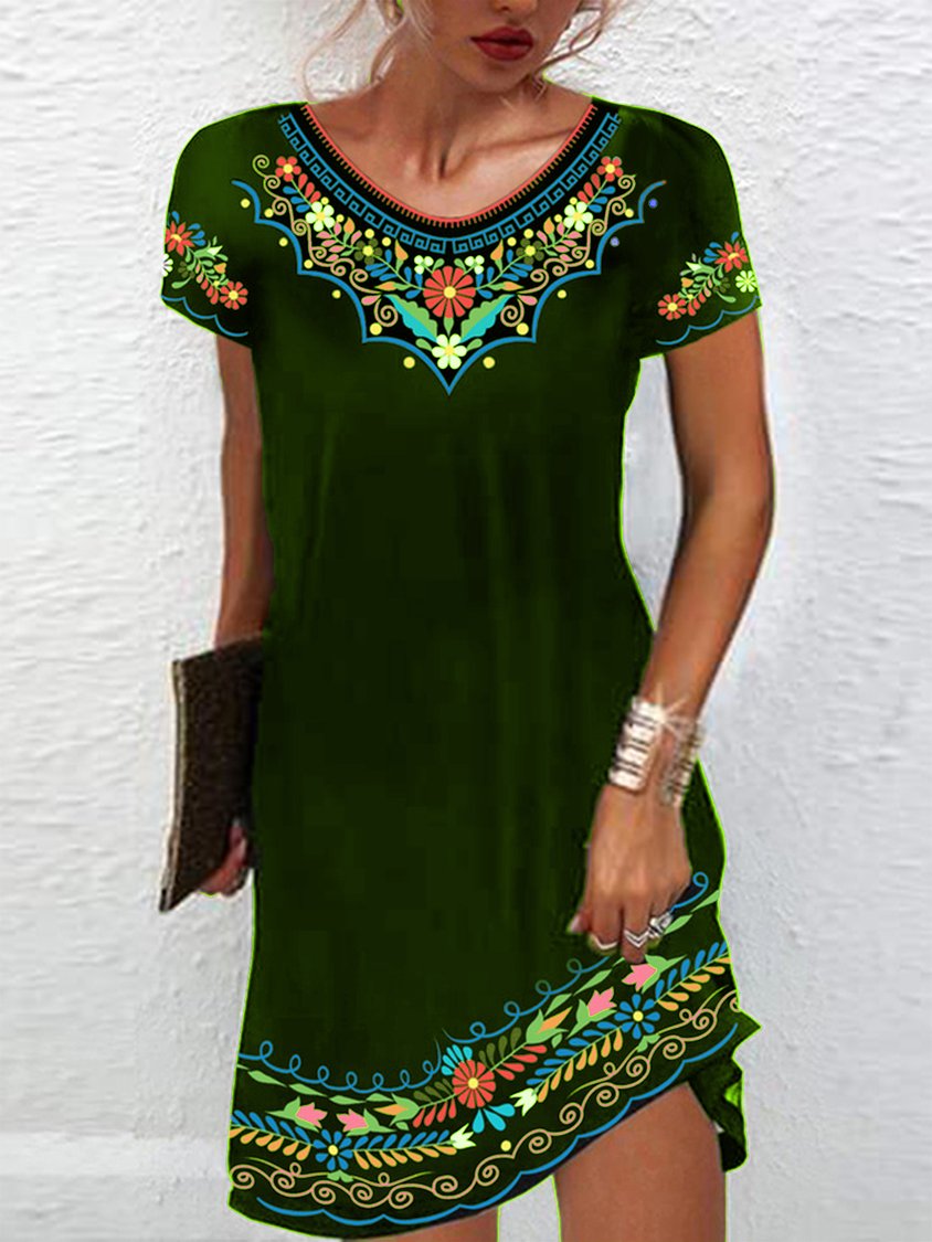 Women's Vacation Regular Fit V Neck Floral Short Sleeve Knit Dress AH557