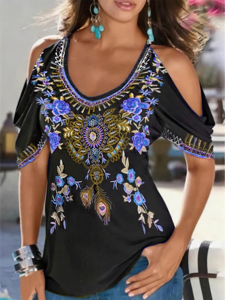 Boho V neck Printed Short Sleeve Short Sleeve T-shirt QH114