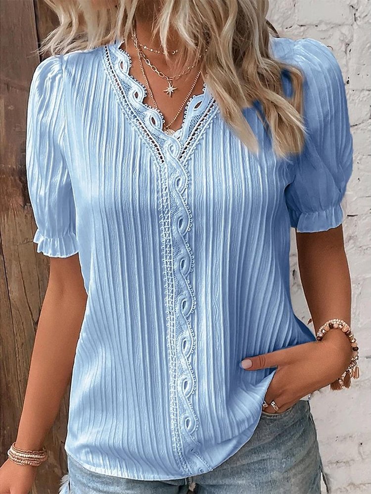 V Neck Plain Lace Elegant Shirt mm241