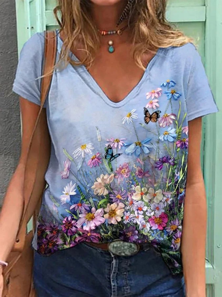 Lässiges T-Shirt mit V-Ausschnitt und Blumenmuster UU46