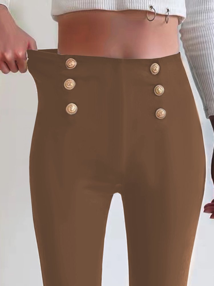 Casual Patchwork Button Tight Plain Leggings WX93