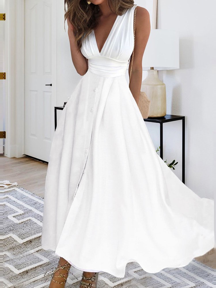 V Neck Loose Plain Elegant Dress QPQ73