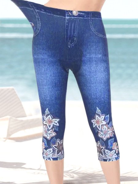 Tight Vacation Geometric Skinny Capri Leggings Faux Denim Flower Print Leggings Elastic Waist Summer Casual Leggings QN104