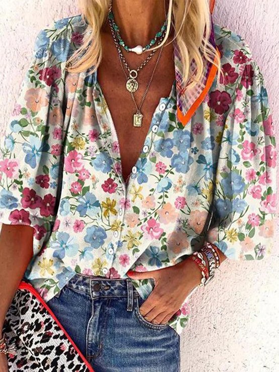 Casual V Neck Floral Loose Shirt WI69