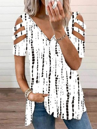 Tribal Geometric Striped Casual Hollow Out V-Ausschnitt Lockeres Kurzarm-Tunika-T-Shirt MMq15