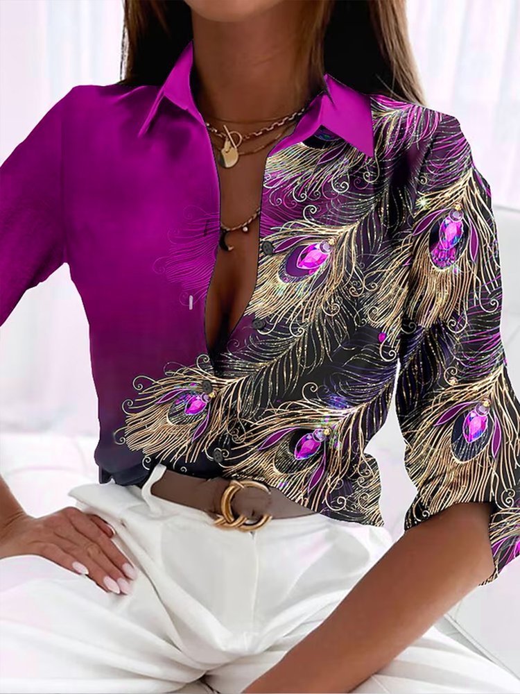 Casual Shirt Collar Feather Pattern Blouse WZ83
