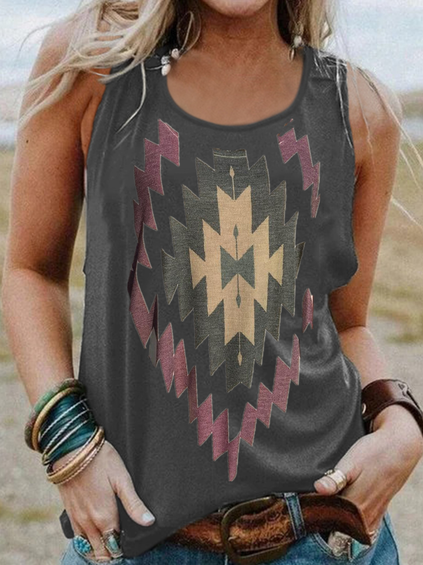 Vintage Sleeveless Boho Geometric Printed Crew Neck Plus Size Casual Vest Tops AT100166