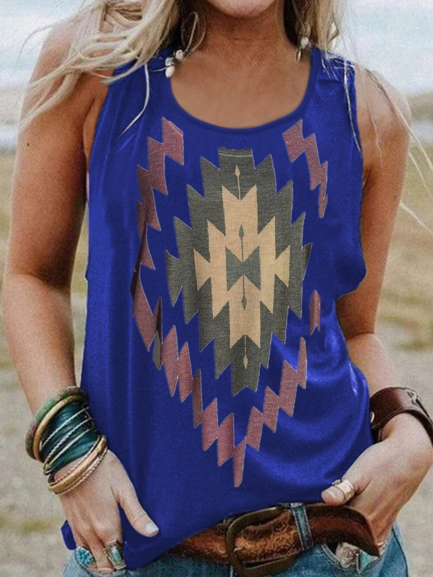 Vintage Sleeveless Boho Geometric Printed Crew Neck Plus Size Casual Vest Tops AT100166