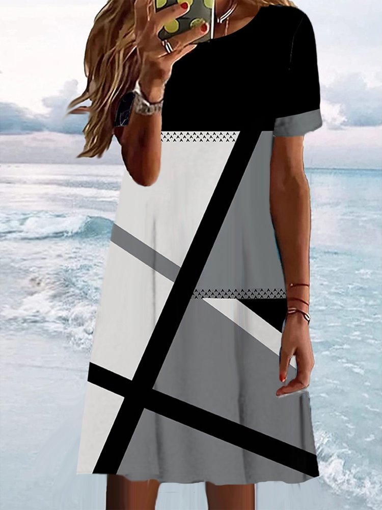 Color Block Casual Loose Crew Neck Dress WE91