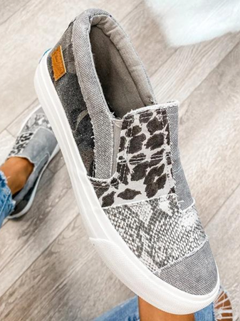 Vintage All Season Snakeskin Split Joint Sports & Outdoor Flat Heel Round Toe Fabric EVA Sneakers for Women QAS11