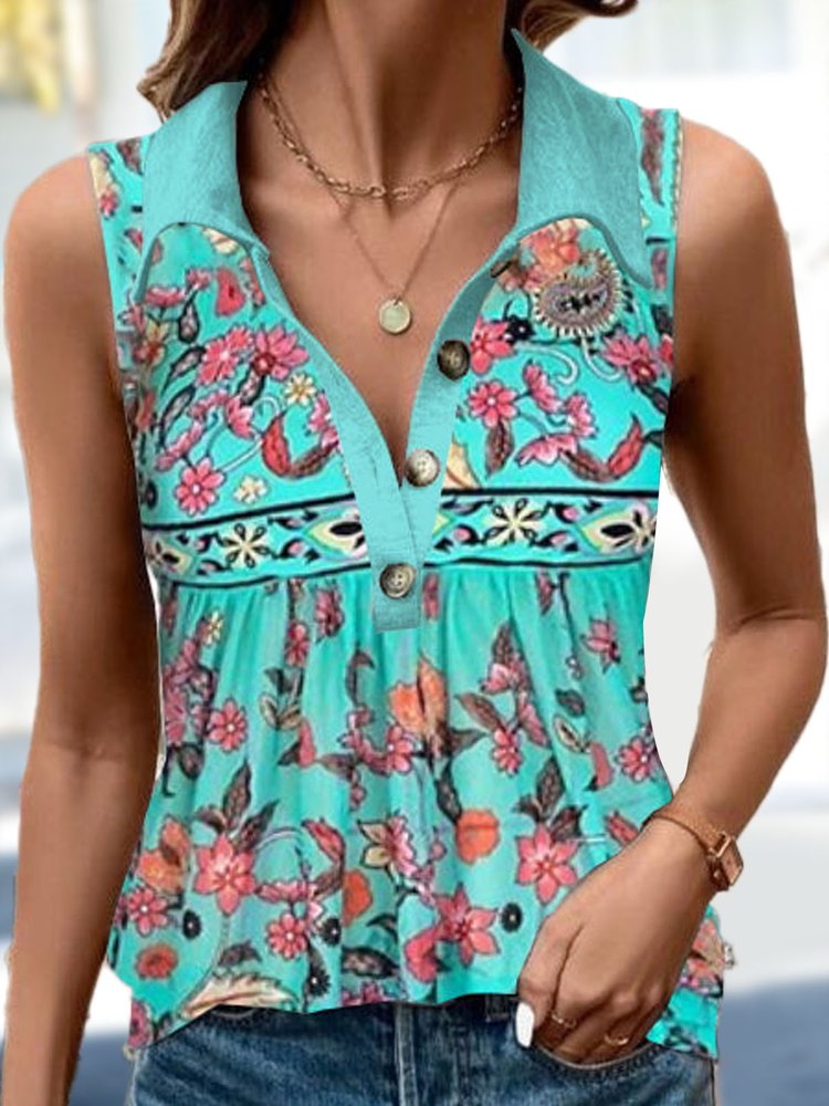 Floral Casual Shirt Collar Regular Fit Tank Top WW81