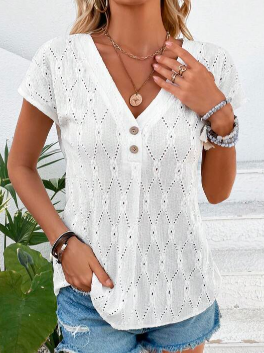 Casual Geometric Loose Eyelet Embroidery Batwing Sleeve Button Front T-Shirt WZ97