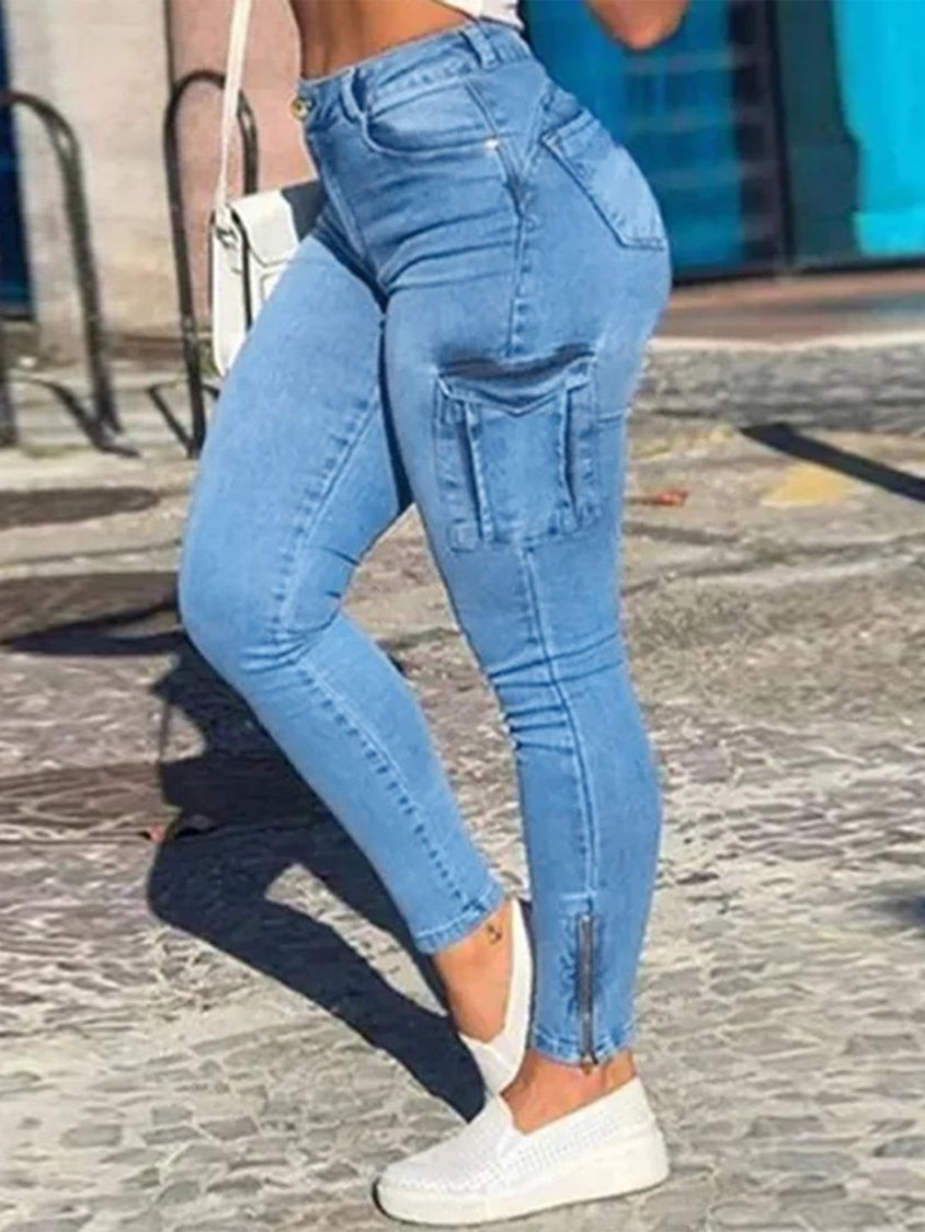 High-Elactic Tight Casual Plain Flap Pocket Zipper Side Skinny Jeans UU49