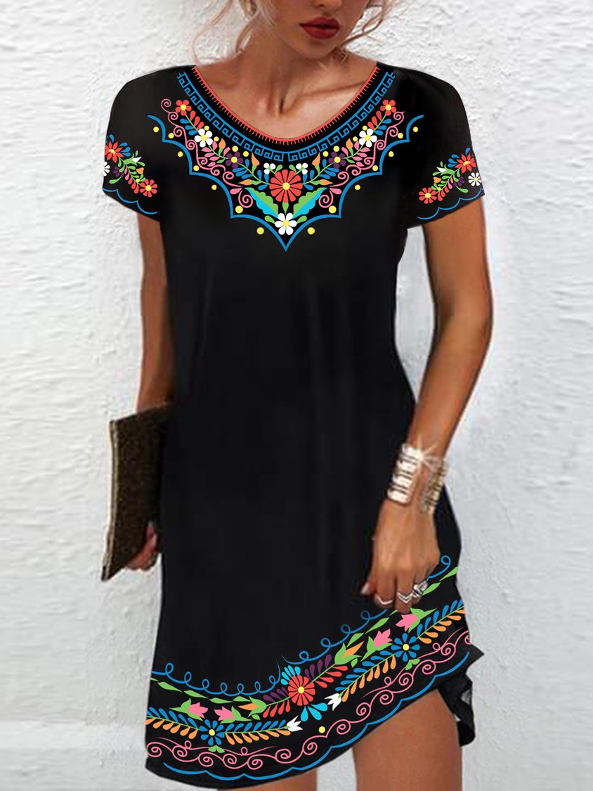 Women's Vacation Regular Fit V Neck Floral Short Sleeve Knit Dress AH557