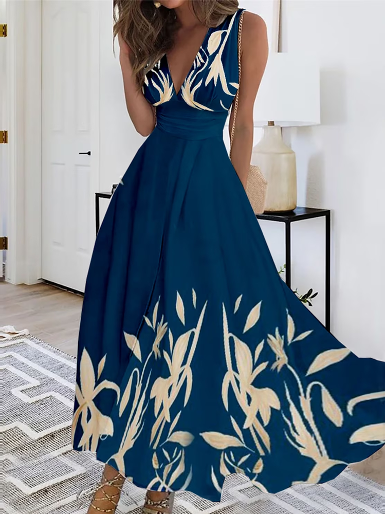 Lässiges Sommerkleid mit V-Ausschnitt und Blattmuster WL92