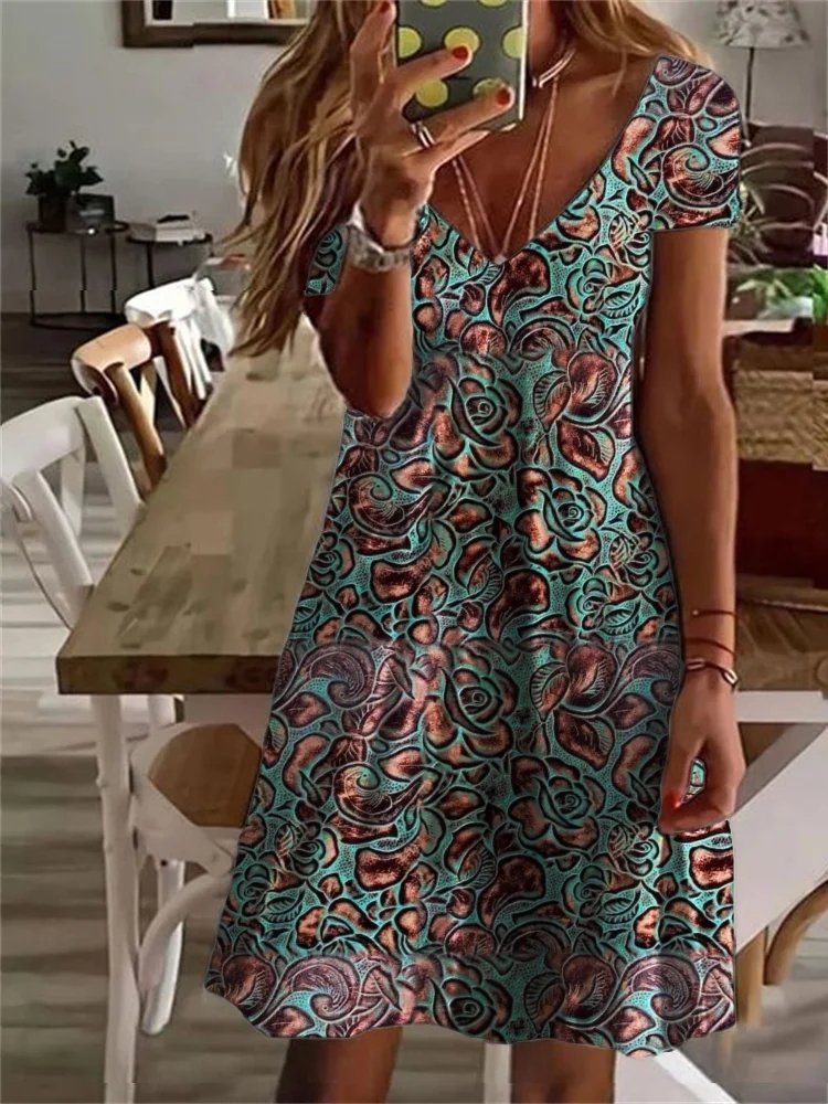 Lässiges, lockeres Kleid mit V-Ausschnitt und Blumenmuster WC88