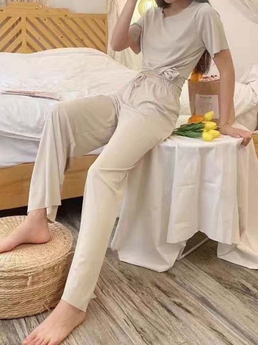 Soft and Comfortable Round Neck Short Sleeve Trousers Loose Casual Homewear Set QAR1