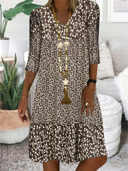 Brown Three Quarter V Neck Floral Shining Midi Smock Dress QU100