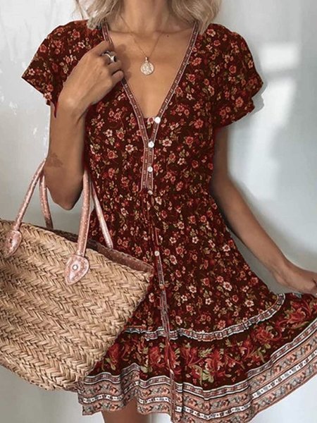 V Neck Casual Floral Weaving Dress WF79