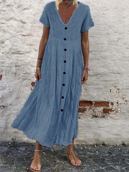 Cotton Plain V Neck Casual Boho Dress NNq2