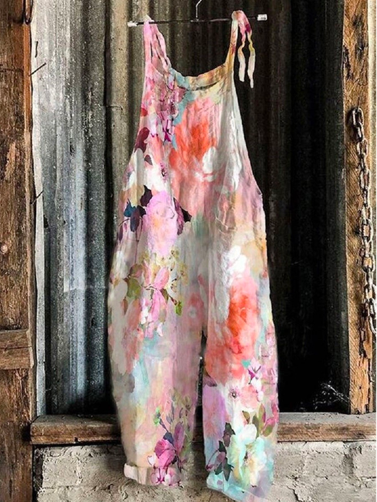 Combinaison décontractée en coton spaghetti rose à imprimé floral sans manches QB97