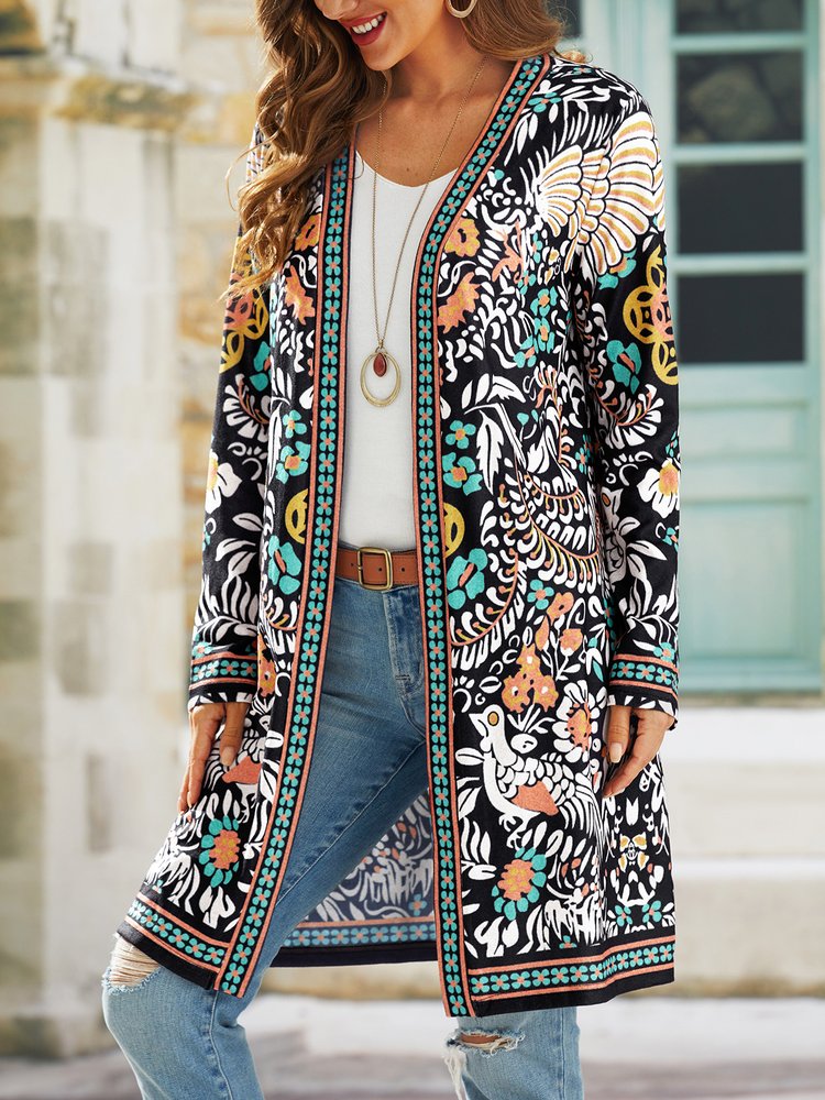 Lockerer Mantel mit Kreuzausschnitt und ethnischem Muster QL112