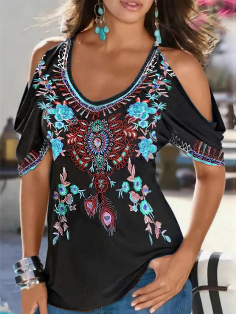 Boho V neck Printed Short Sleeve Short Sleeve T-shirt QH114