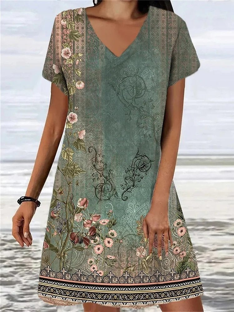 V Neck Ethnic Loose Vintage Summer Dress RR58