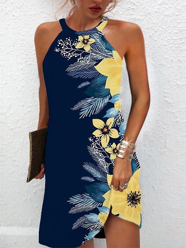 Halter Floral Casual Sleeveless Knitting Dress QA46