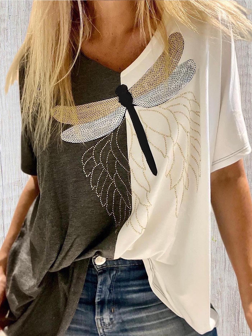 T-shirt décontracté en tricot à col en V avec motif libellule AA25