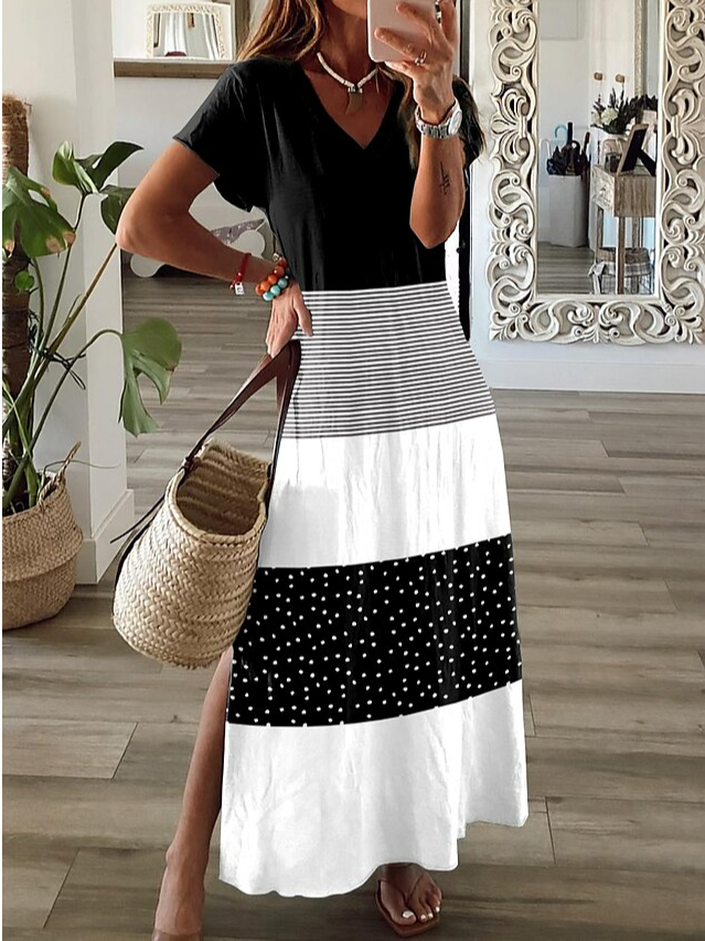 Casual V Neck Geometric Loose Dress With No Belt WC119