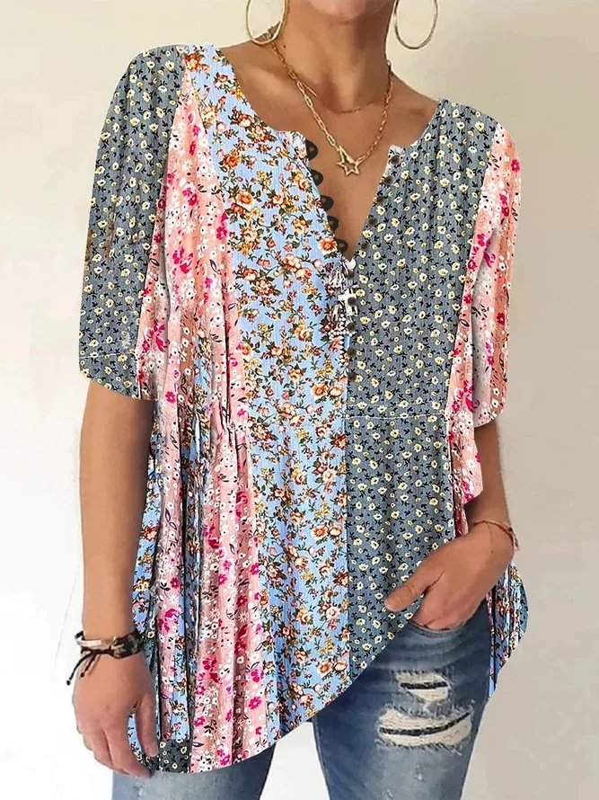 Women's Loose Floral V Neck Casual Shirt AH454