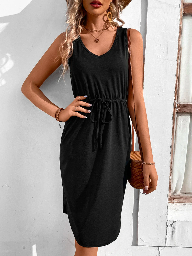 Plain Crew Neck Loose Casual Solid Drawstring Waist Tank Dress QT39